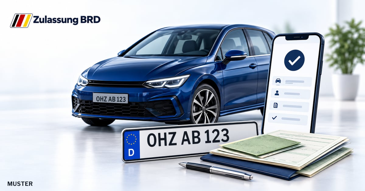 Online Fahrzeugzulassung in Lilienthal: Musterkennzeichen OHZ AB 123, Auto und Fahrzeugpapiere und Smartphone. Illustration mit Logo von Zulassung BRD.
